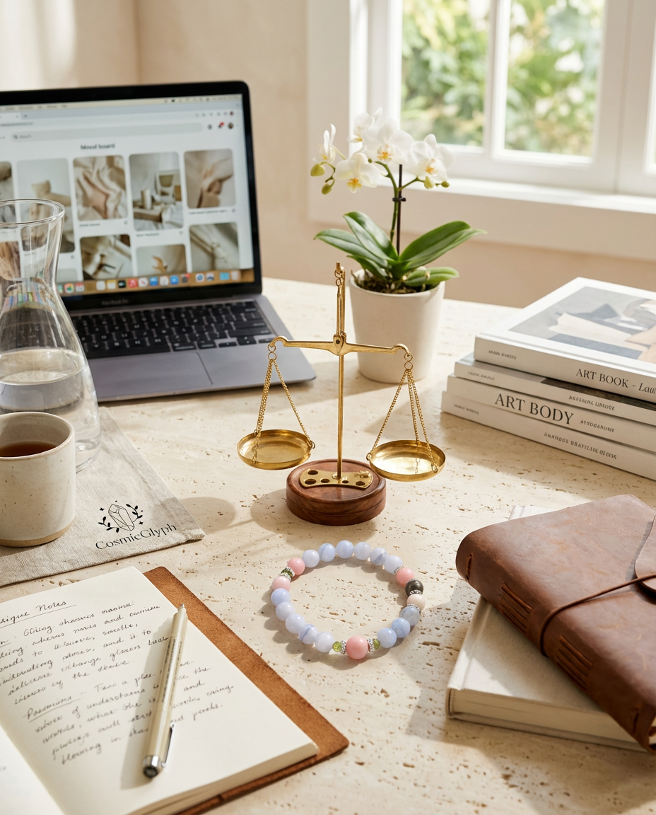 An elegant workspace for Libra, featuring a golden scale on a wooden base, a laptop, a glass water jug, and a notebook on a CosmicGlyph cloth. Art books and a white orchid complete the serene, intellectual setting on a marble tabletop.