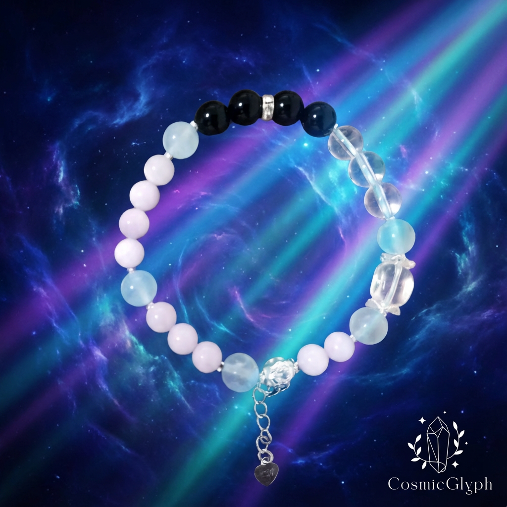 The bracelet, with its pink, black, and clear crystal beads, is centered against a dramatic cosmic nebula background of blue and purple, with vibrant beams of light cutting across the stars.