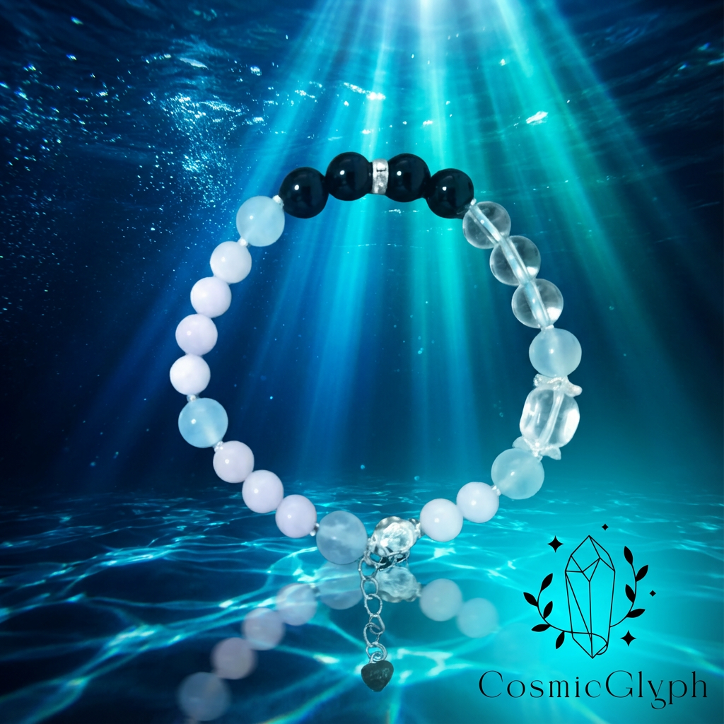 The crystal bracelet displayed in a dreamy underwater scene with light rays filtering from above. The beads in black, white, and lavender stand out against the blue aquatic backdrop.