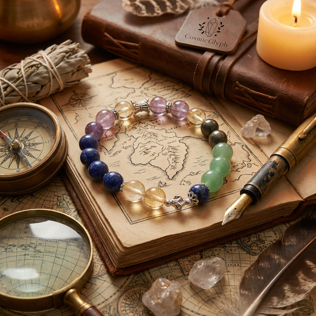 A vintage still life arrangement featuring the Sagittarius crystal bracelet resting on an antique book, surrounded by a brass compass, a quill, crystals, and dried sage, evoking a sense of ancient wisdom and exploration.