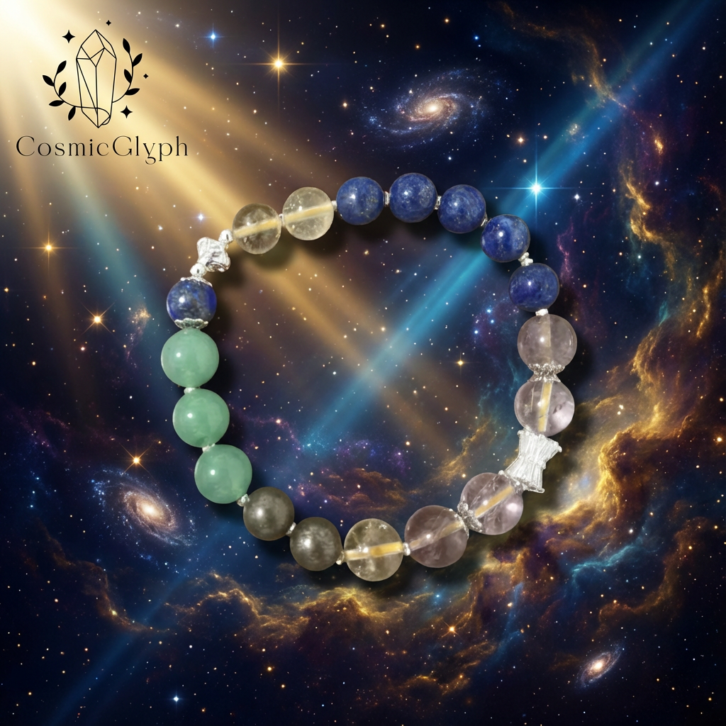 The Sagittarius zodiac bracelet, featuring a variety of crystals, is showcased against a breathtaking backdrop of a starry nebula and distant galaxy, embodying the sign's cosmic curiosity and boundless spirit.