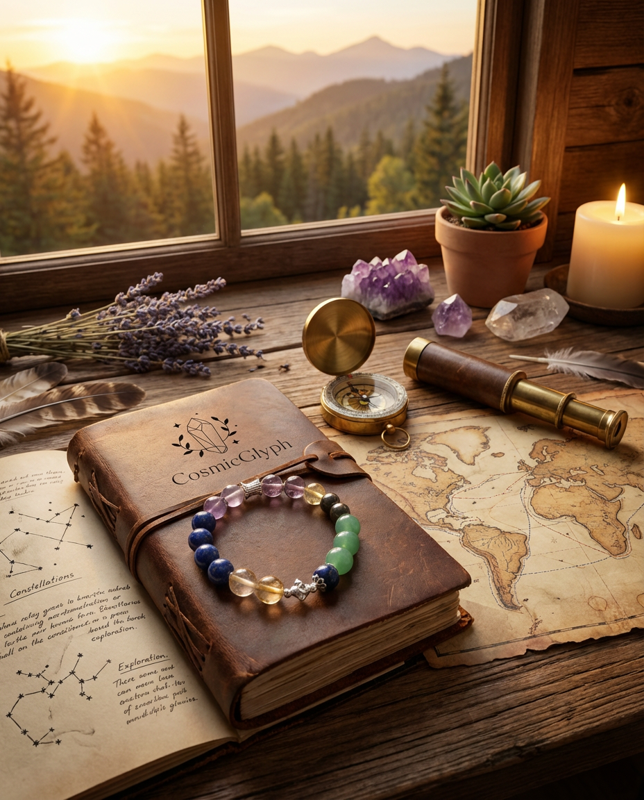 On a sunlit windowsill overlooking mountains, the CosmicGlyph notebook lies open beside the Sagittarius bracelet, a telescope, and a crystal, creating an inspiring scene for personal discovery and constellation study.