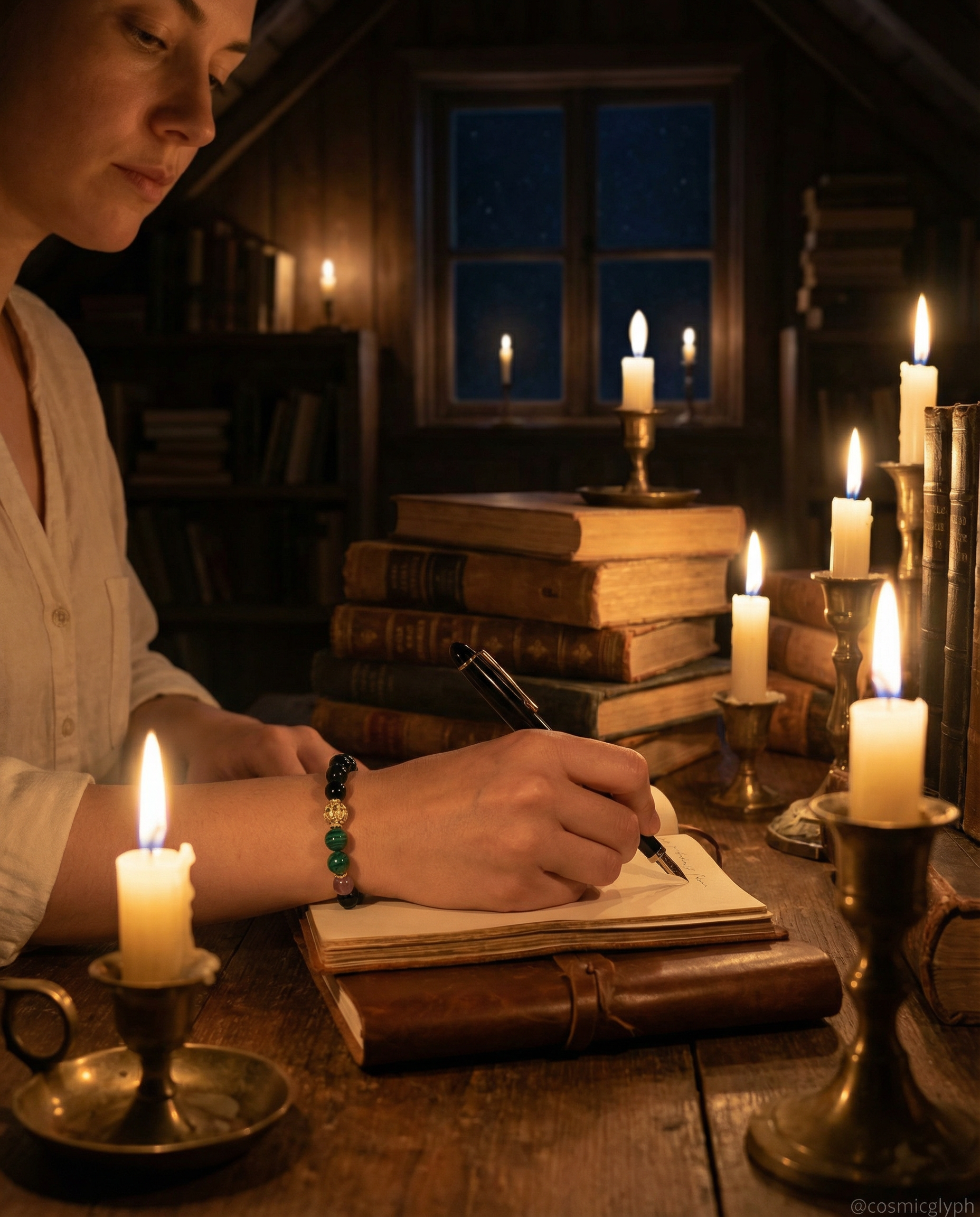 A person wearing the Scorpio crystal bracelet writes in a leather journal by candlelight at a wooden desk. The bracelet's dark and green beads are visible on the wrist. Stacked books and candles in the background create a contemplative,复古 atmosphere. The scene is tagged @cosmicglyph.