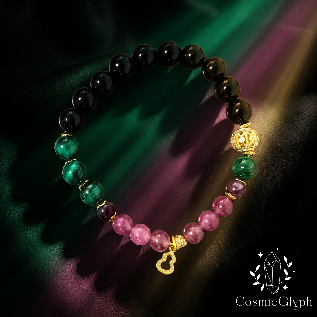 A detailed product shot of the Scorpio bracelet against a dark green-to-purple渐变 leather background. The bracelet features Black Obsidian, Malachite, and Rubellite beads, accented with a small gold gourd pendant and a镂空 gold bead. The CosmicGlyph logo is placed at the右下角.
