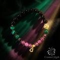 A detailed product shot of the Scorpio bracelet against a dark green-to-purple渐变 leather background. The bracelet features Black Obsidian, Malachite, and Rubellite beads, accented with a small gold gourd pendant and a镂空 gold bead. The CosmicGlyph logo is placed at the右下角.