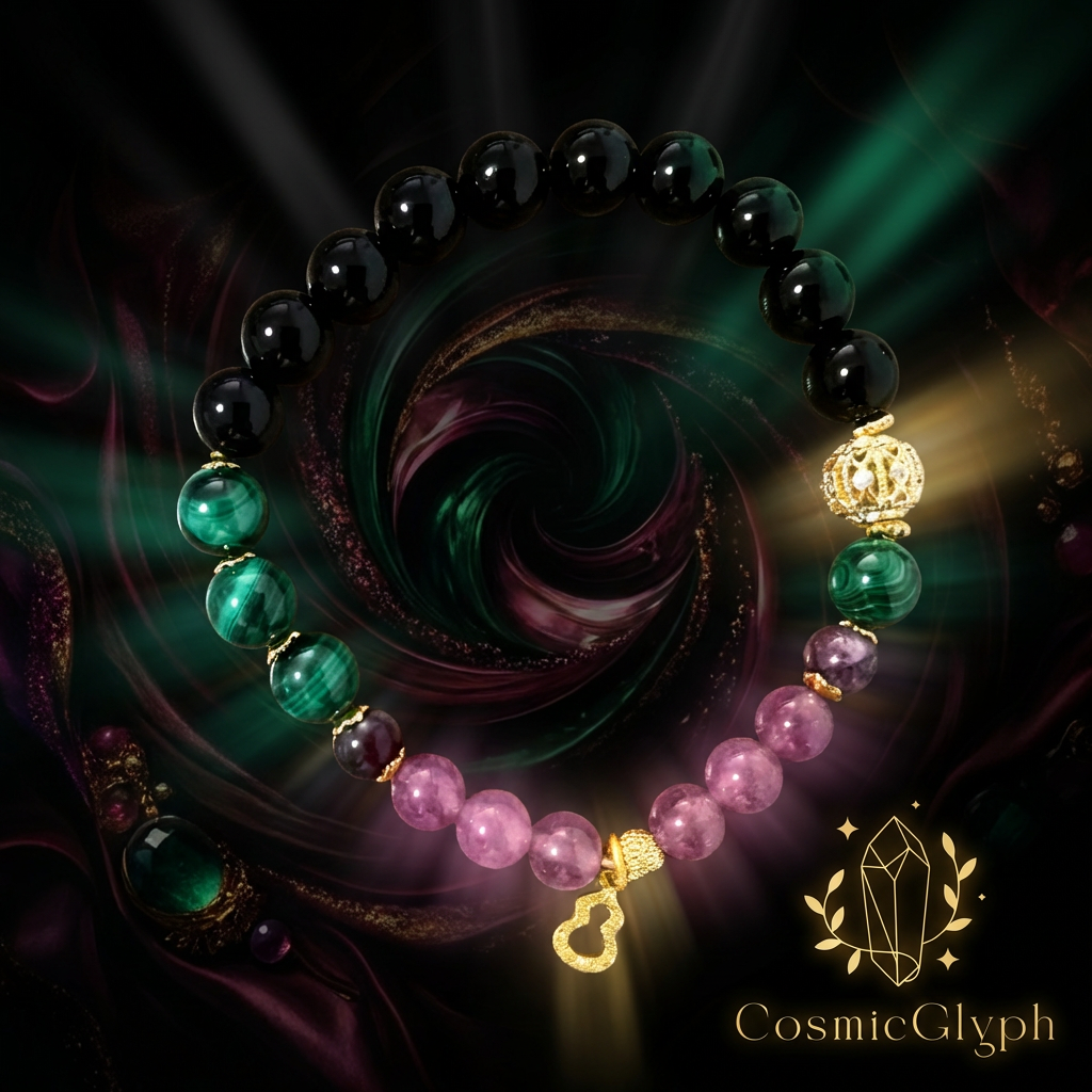 Commercial photography of the multi-strand Scorpio bracelet. It showcases large Black Obsidian beads, green banded Malachite beads with gold settings, and smaller pink Rubellite beads, connected with a central strand of宽 green beads and gold accents. A small gold gourd pendant hangs at the end. The背景 is an abstract, dark vortex pattern. Brand: CosmicGlyph.