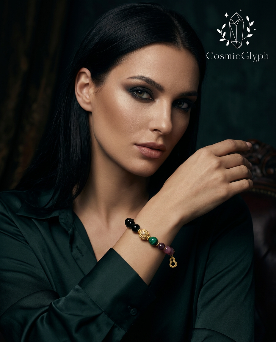 A portrait of a woman with intense smoky eyes and dark hair, wearing the Scorpio "Shadow Alchemist" bracelet. She wears a dark green satin blouse, and the bracelet's mix of black, gold, and green beads stands out against the moody背景. The CosmicGlyph logo marks the神秘 and powerful aesthetic.