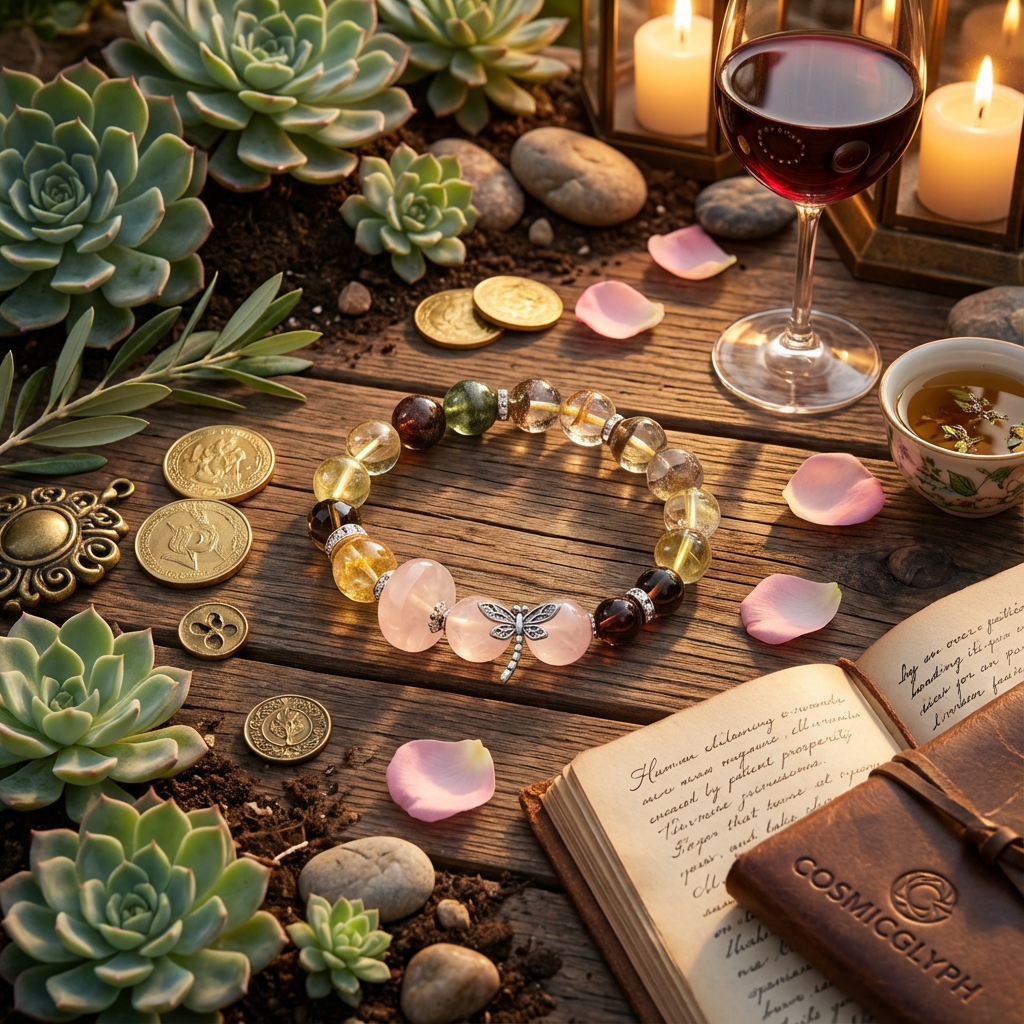 A curated still life of the Taurus bracelet surrounded by symbols of abundance: succulent plants, antique coins, pink petals, a glass of wine, and an open book on a wooden table, creating a warm and prosperous tableau.