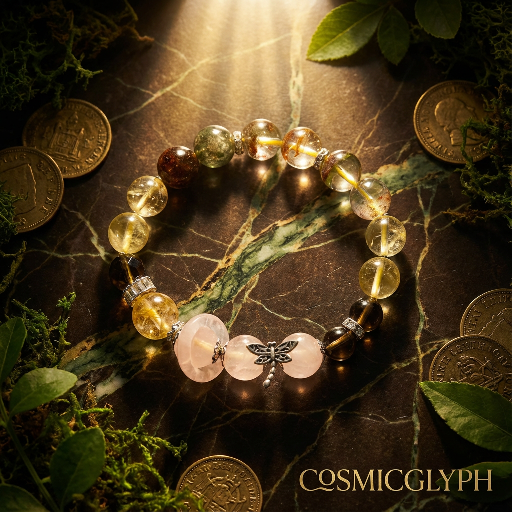 A detailed product shot of the Taurus bracelet, showcasing the texture and color of the Green Phantom Quartz, Citrine, Rose Quartz, and Smoky Quartz beads alongside scattered coins, presented on dark marble.
