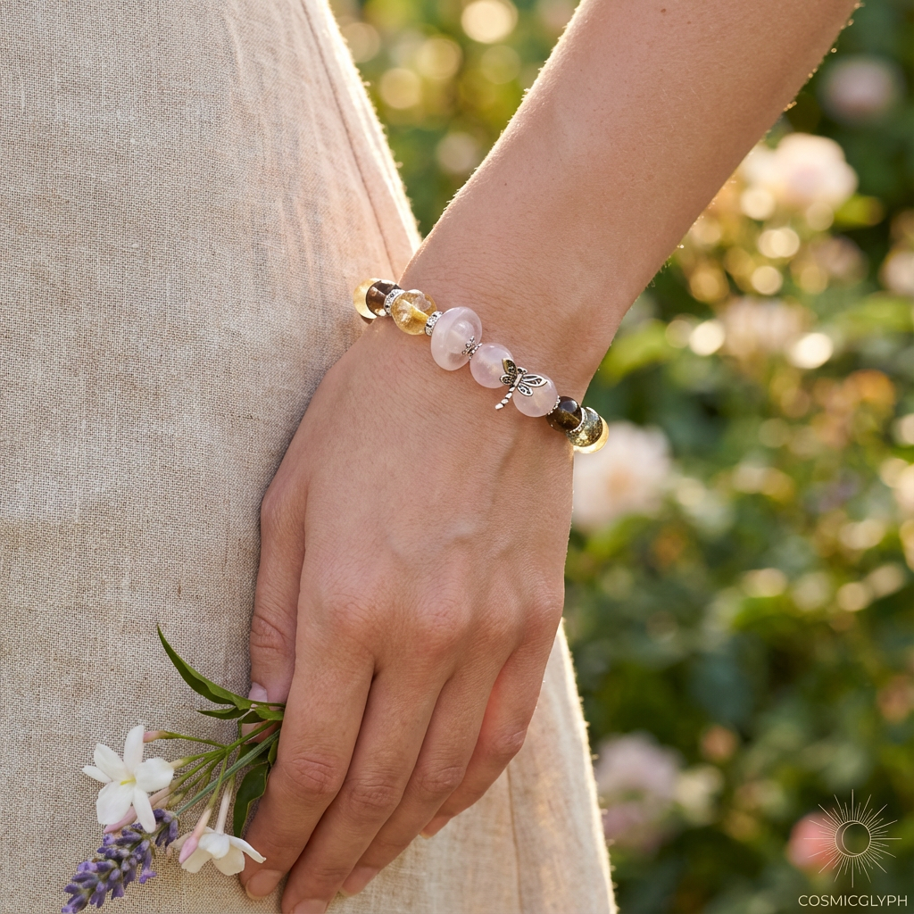 A close-up of the Taurus "Abundant Garden" zodiac bracelet being worn on a wrist. The bracelet features Green Phantom Quartz, Citrine, Rose Quartz, and Smoky Quartz beads with a silver dragonfly charm, held with fresh white and lavender flowers against a soft, natural backdrop.