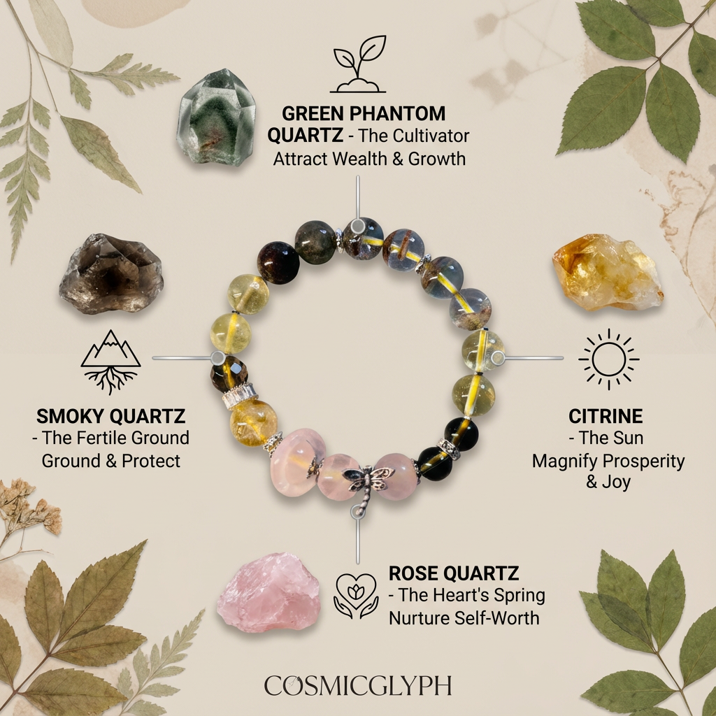An educational layout showing the Taurus bracelet and its four core crystals: Green Phantom Quartz for wealth, Citrine for joy, Rose Quartz for self-love, and Smoky Quartz for grounding, with their attributes clearly labeled.