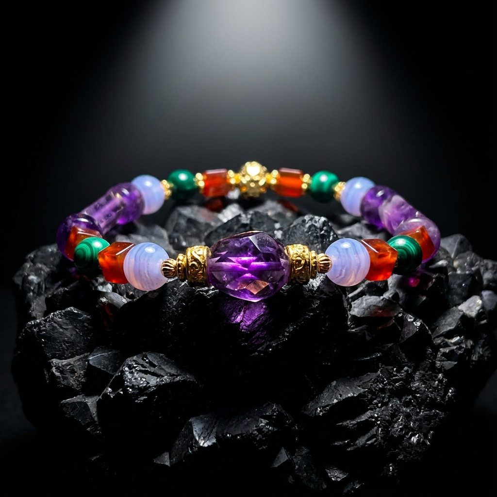 Close-up product shot of the Virgo zodiac bracelet, showcasing a detailed arrangement of Amethyst, Malachite, Carnelian, and golden spacers on a bed of raw black stone.