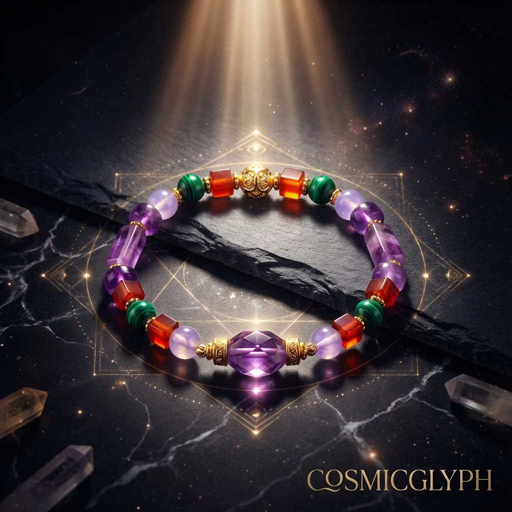 The CosmicGlyph Virgo bracelet, centered on a dark slate with scattered crystals and a cosmic geometric pattern in the background, featuring the brand's golden logo.