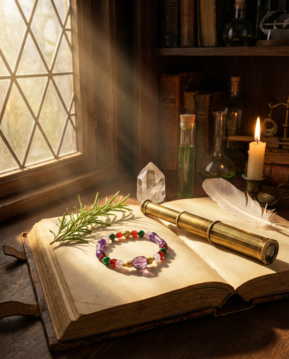 CosmicGlyph Virgo Zodiac Bracelet, featuring Amethyst, Malachite, Carnelian, and Blue Lace Agate beads, rests on an ancient book in a mystical alchemist's study with brass tools and herbs, bathed in warm sunlight.