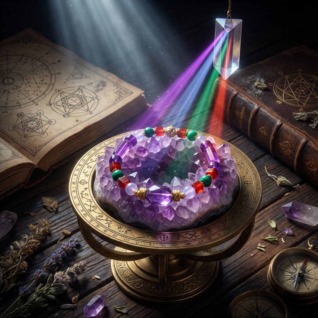 The Virgo "Alchemist's Sanctum" bracelet displayed on a large Amethyst cluster under a prism's refracted rainbow light, within a magical laboratory setting with mysterious symbols and old books.